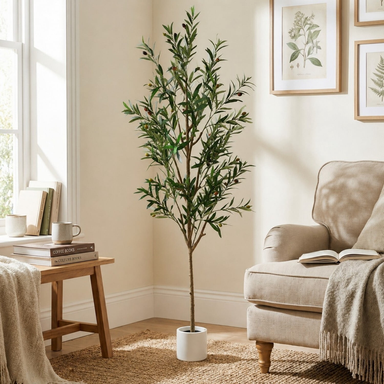Easy4Home 6.6FT Artificial Olive Tree with Lifelike Fruits Fake Olive Plant Potted Indoor Faux Floor Plant for Home Office Decor, White Pot