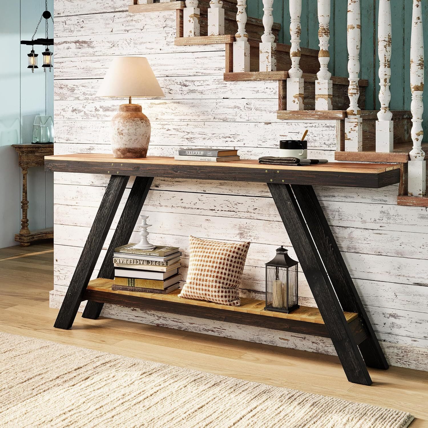 Easy4Home 60" A-Frame Rustic Wood Console Table Hand-Made, Black