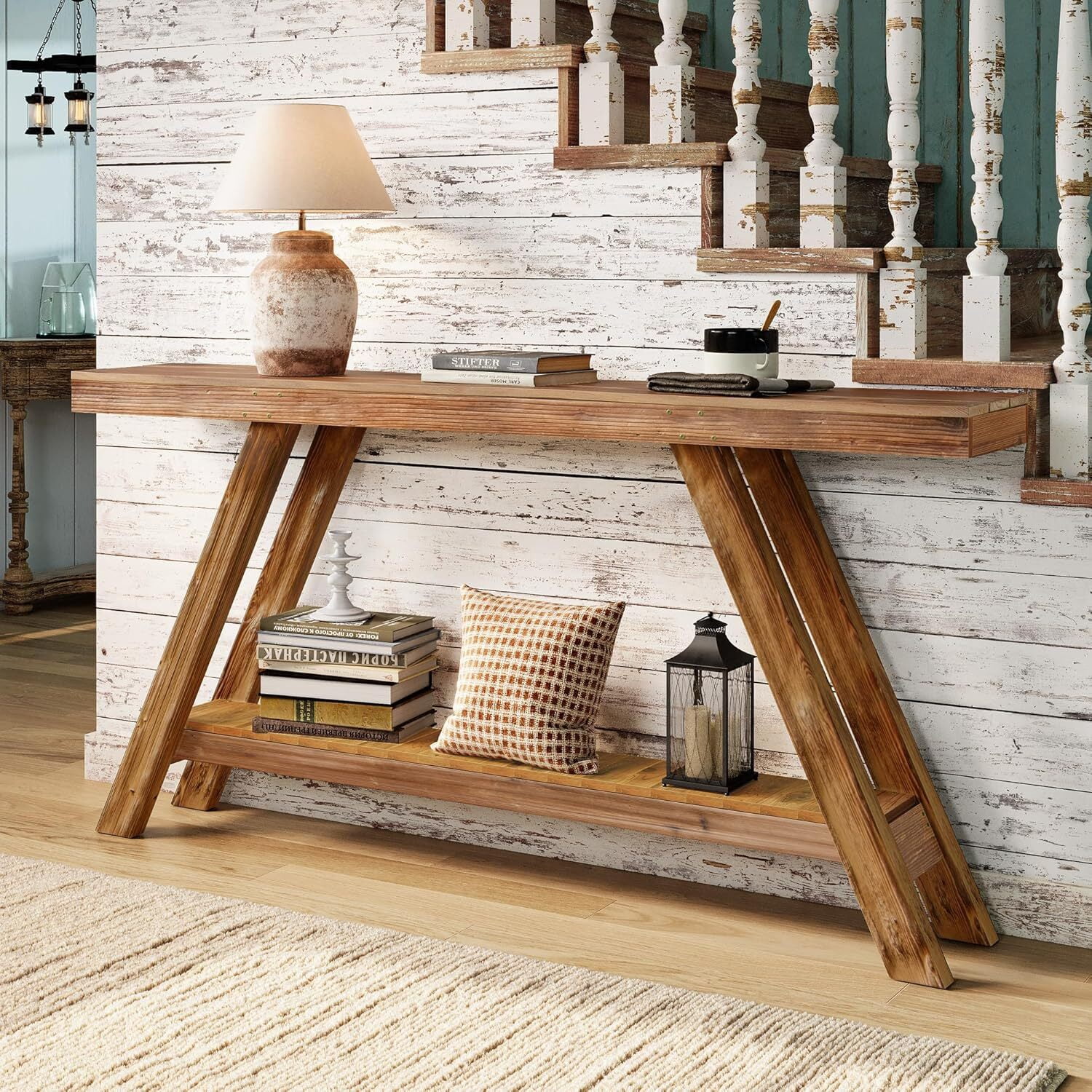 Easy4Home 60" A-Frame Rustic Wood Console Table Hand-Made, Brown