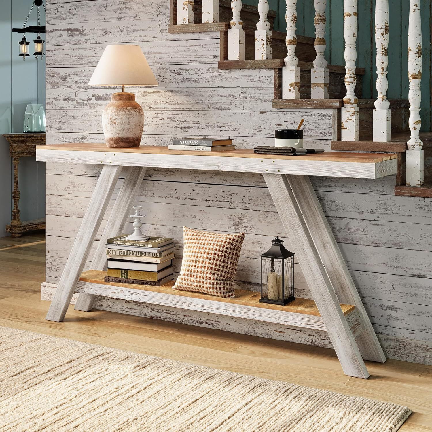 Easy4Home 60" A-Frame Rustic Wood Console Table Hand-Made, White