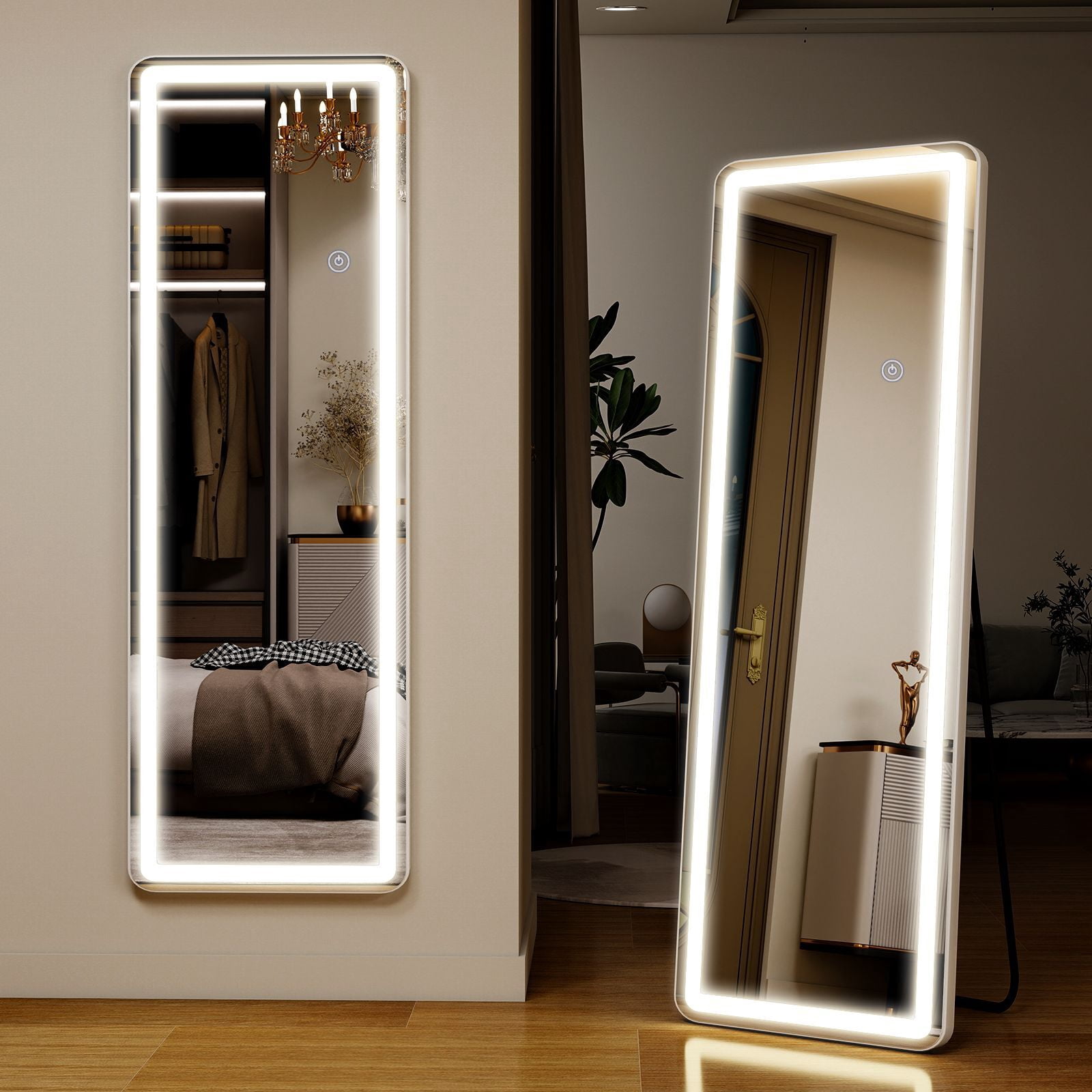 Easy4Home 60" x 16" LED Rectangular Full Length Mirror with Adjustable Lights Standing Mirror Wall Mounted, White