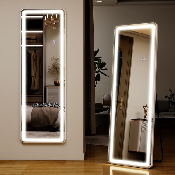Easy4Home 60" x 16" LED Rectangular Full Length Mirror with Adjustable Lights Standing Mirror Wall Mounted, White