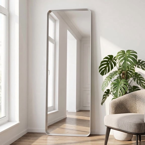 Easy4Home 60"x28"Deep Frame Rounded Rectangle Full Length Dressing Mirror Floor Standing Mirror Wall Mounted,Silver