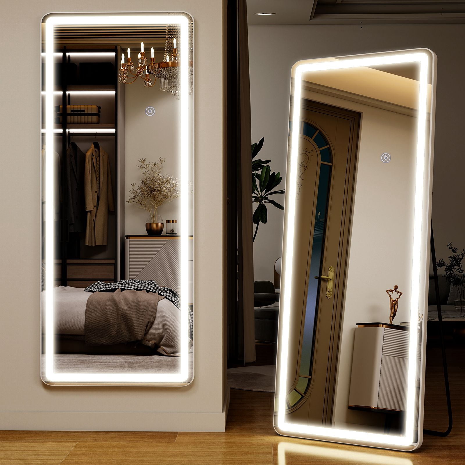 Easy4Home 63" x 20" LED Rectangular Full Length Mirror with Adjustable Lights Standing Mirror Wall Mounted, White