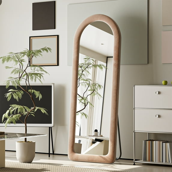 Easy4Home 63"x24" Arched Full Length Mirror with Flannel Frame Freestading Round Edge Floor Mirror, Milk Tea