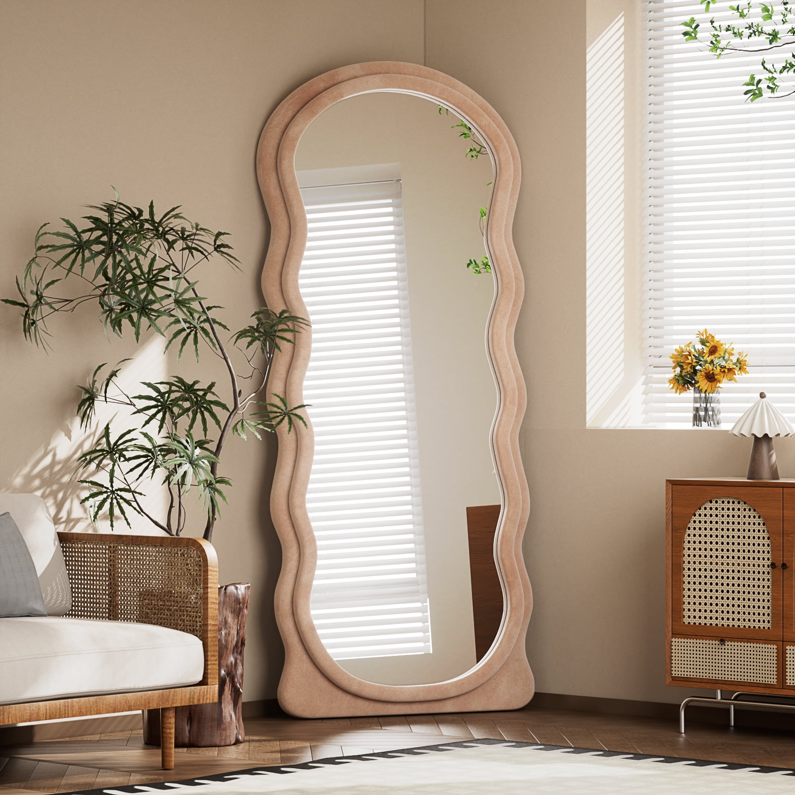 Easy4Home 63"x24" Arched Full Length Mirror with Wavy Flannel Frame Freestanding Decorative Round Edge Floor Mirror, Milk Tea