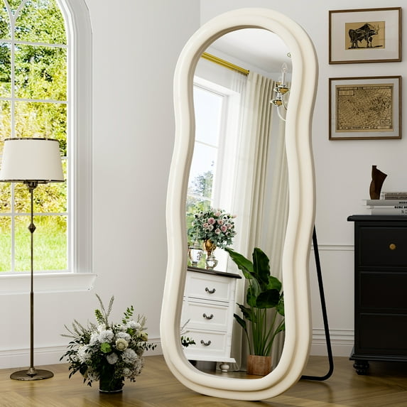 Easy4Home 63"x24" Arched Full Length Mirror with Wavy Flannel Frame Freestanding Decorative Round Edge Floor Mirror, White