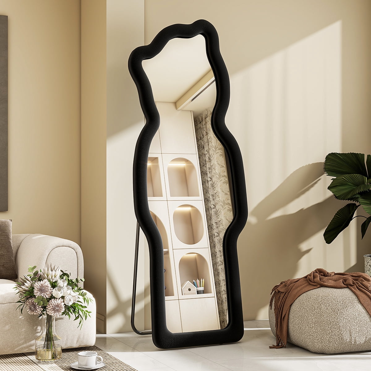 Easy4Home 63"x24" Irregular Full Length Mirror with Bear Shaped Flannel Frame Decorative Round Edge Floor Mirror, Black