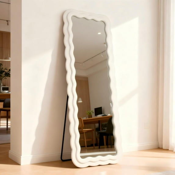 Easy4Home 63"x24" Rectangular Full Length Mirror with Wavy Flannel Frame Freestanding Decorative Round Edge Floor Mirror, White