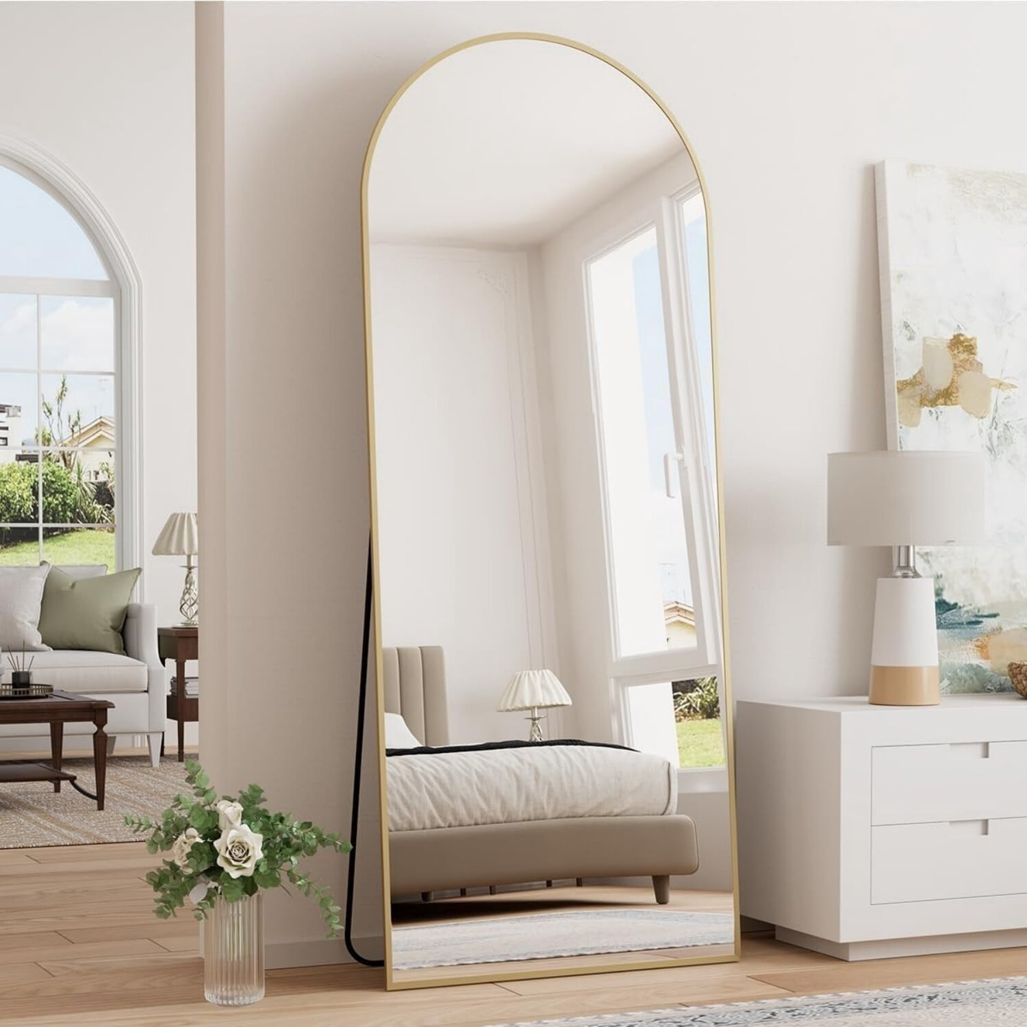 Easy4Home 64"x21" Arched Full Length Mirror Freestading Full Body Floor Mirror, Gold