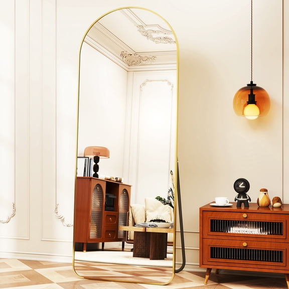 Easy4Home 64"x21" Arched Full Length Mirror Standing Floor Mirror with Round Corner, Gold