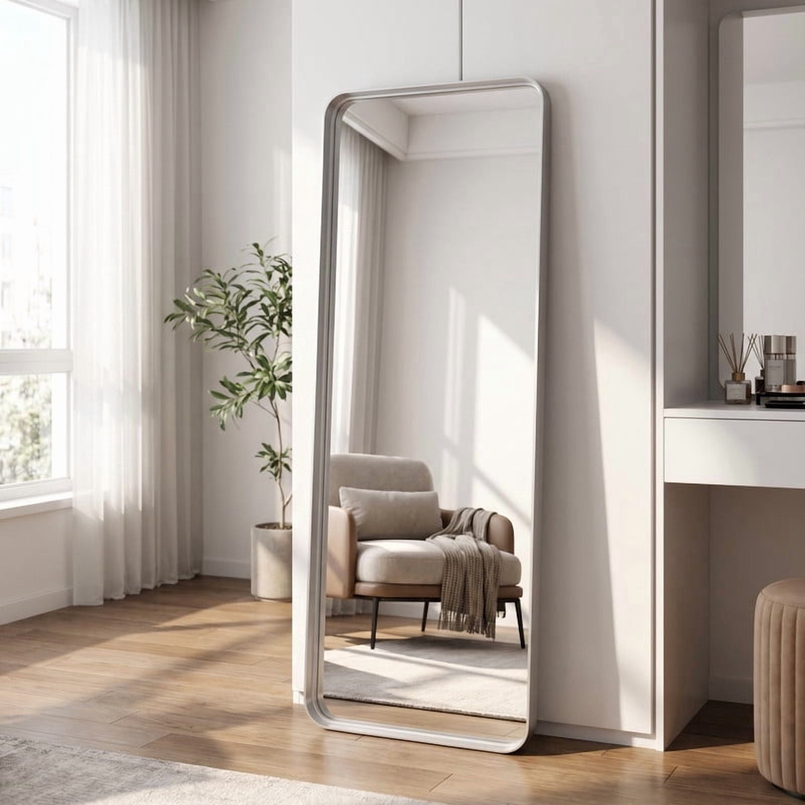 Easy4Home 64"x21"Deep Frame Rounded Rectangle Full Length Dressing Mirror Floor Standing Mirror Wall Mounted,Silver