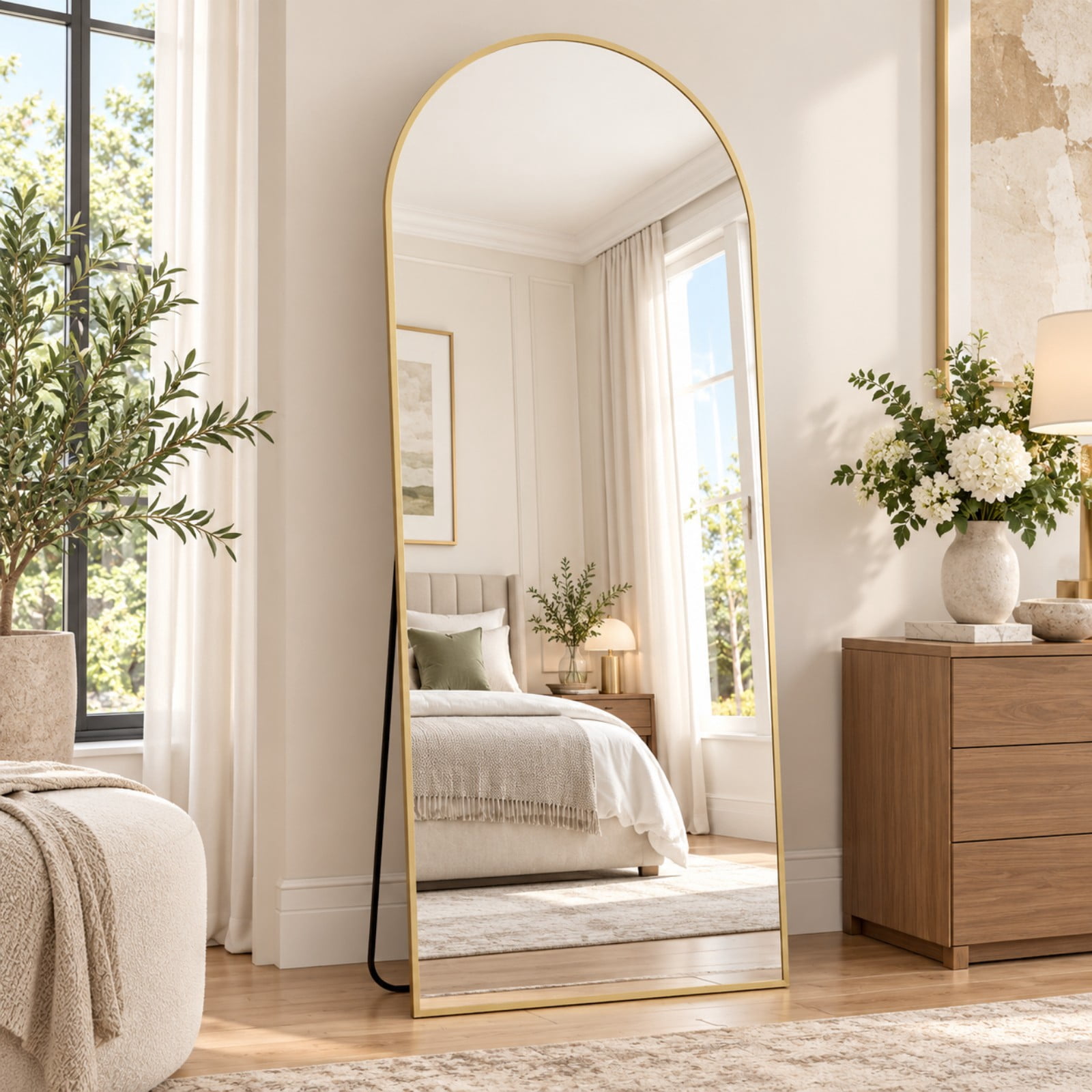 Easy4Home 64"x21" Full Length Mirror Arched Freestanding Floor Mirror with Metal Frame, Gold