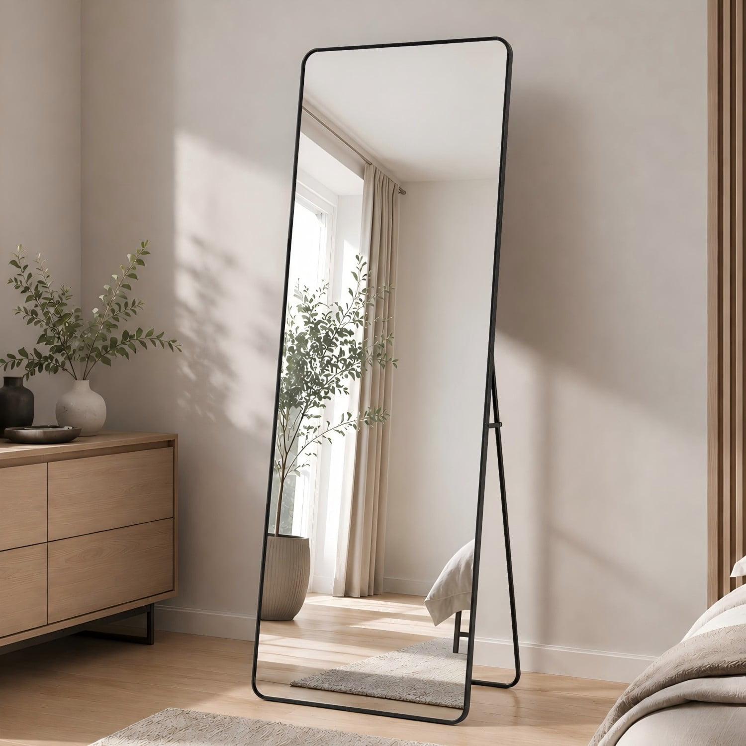 Easy4Home 64"x21" Rectangular Full Length Mirror Round Corner Freestanding Wall Mirror with Metal Frame, Black