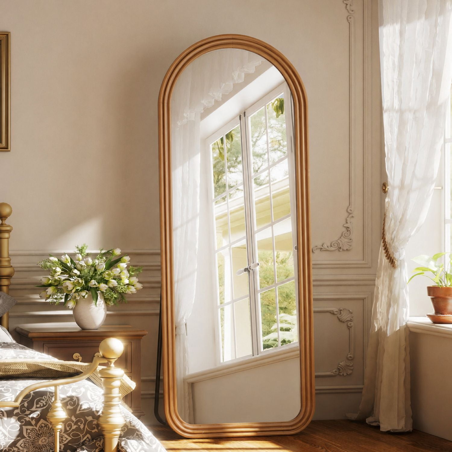 Easy4Home 65" x 24" Wooden Arched Full Length Mirror Vintage Floor Mirror, Natural Wood
