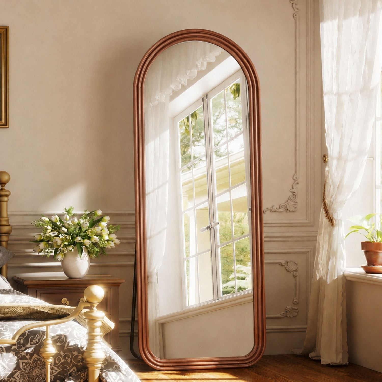Easy4Home 65" x 24" Wooden Arched Full Length Mirror Vintage Floor Mirror, Walnut