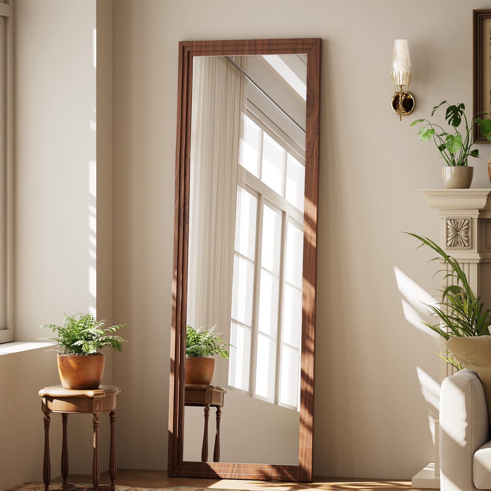 Easy4Home 65"x22" Wooden Full Length Mirror Rectangle Floor Mirror Wall Mounted, Brown