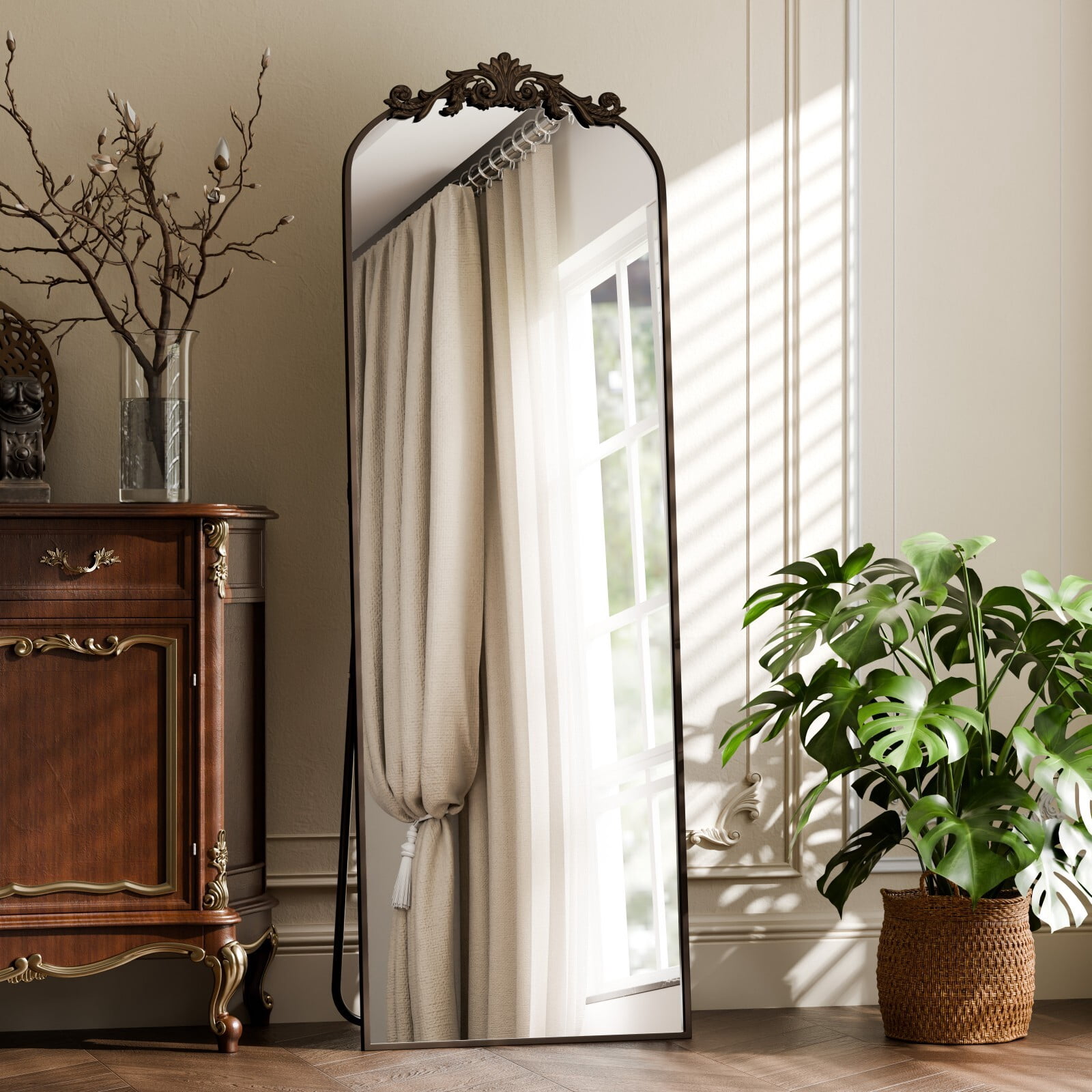 Easy4Home 66"x21" Vintage Arched Full Length Mirror Standing Floor Mirror with Baroque Style Carving Metal Frame, Antique Bronze