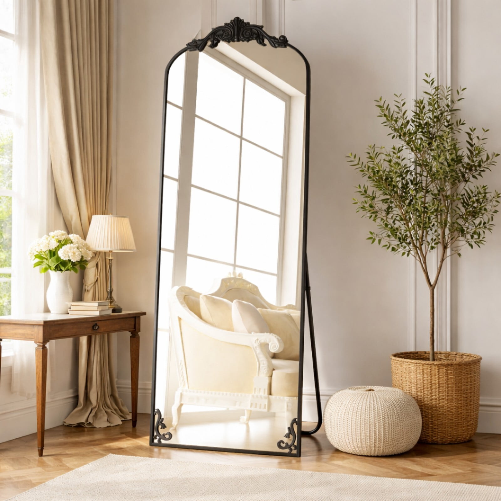 Easy4Home 66"x21" Vintage Arched Full Length Mirror Standing Floor Mirror with Baroque Style Carving Metal Frame, Black