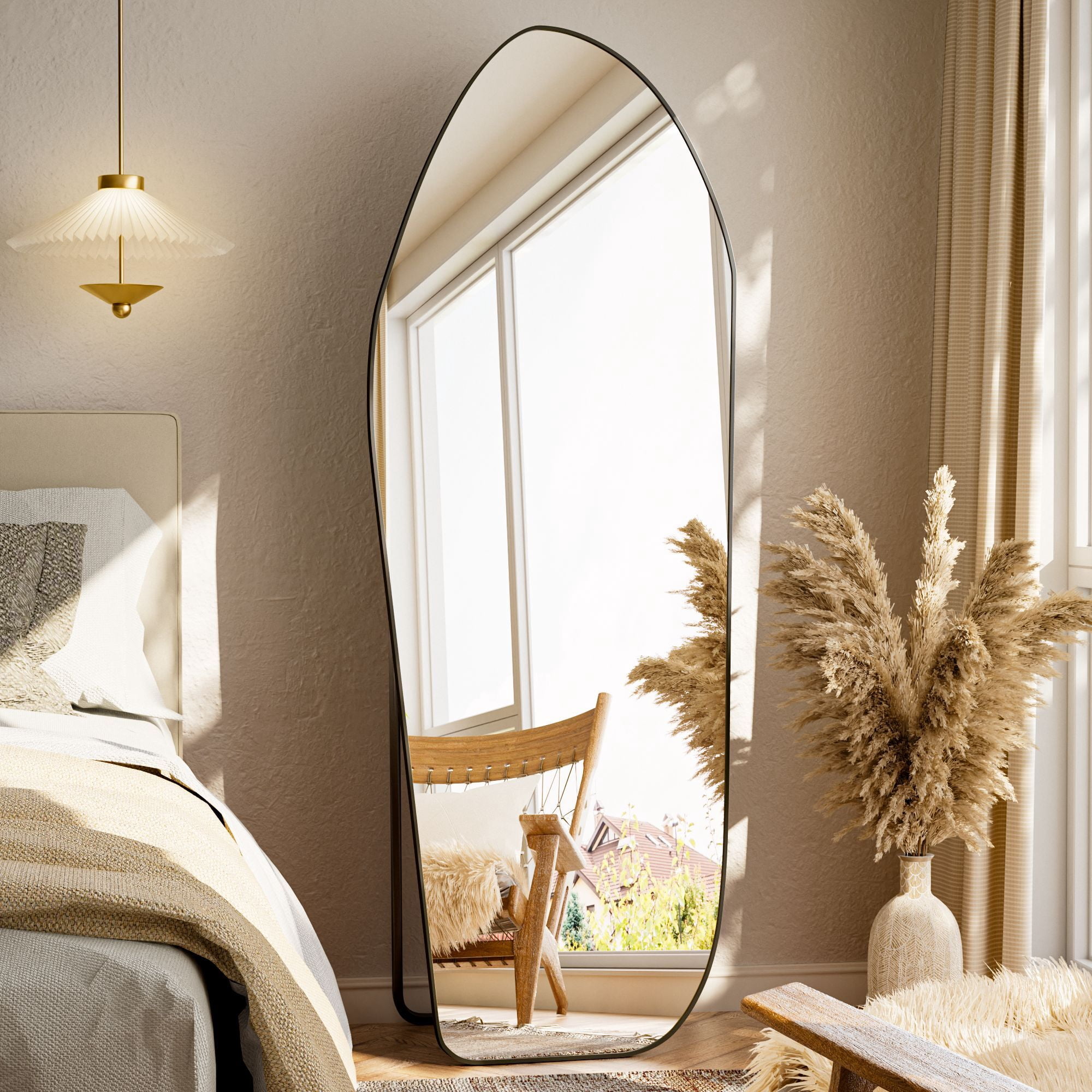 Easy4Home 67"x24" Irregular Full Length Mirror Decorative Standing Floor Mirror Wall Mounted, Black