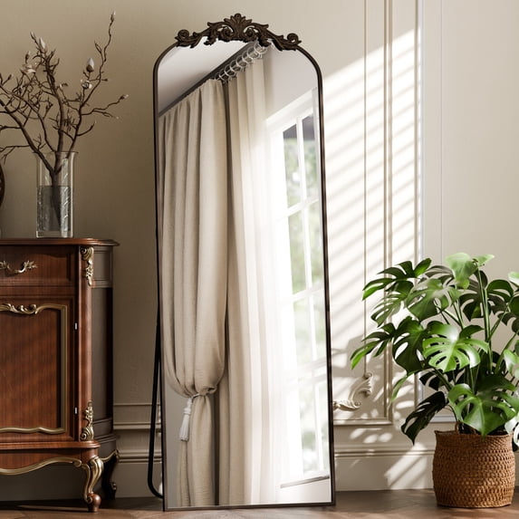 Easy4Home 67"x24" Vintage Arched Full Length Mirror Standing Floor Mirror with Baroque Style Carving Metal Frame, Antique Bronze