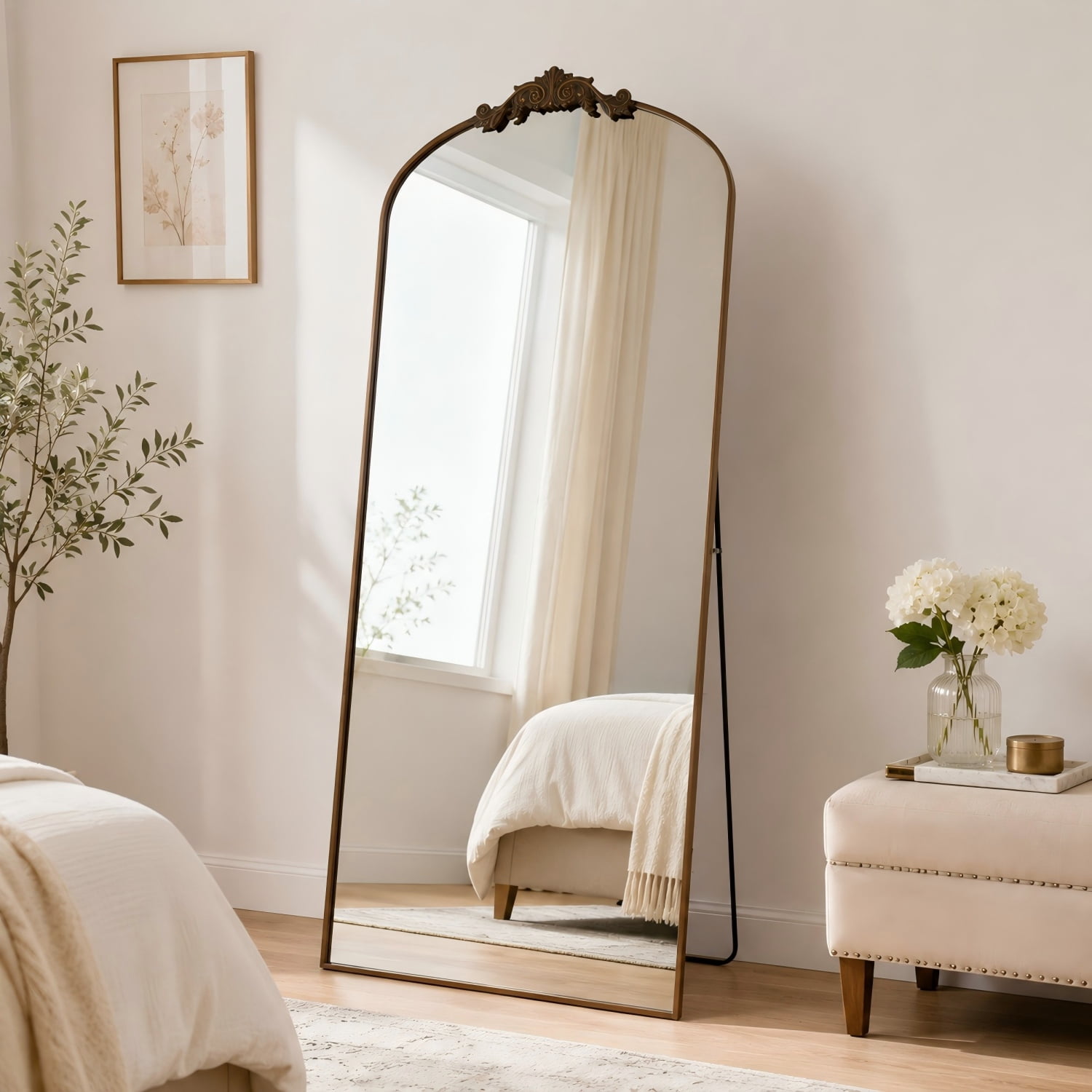 Easy4Home 67"x24" Vintage Arched Full Length Mirror Standing Floor Mirror with Baroque Style Carving Metal Frame, Antique Bronze
