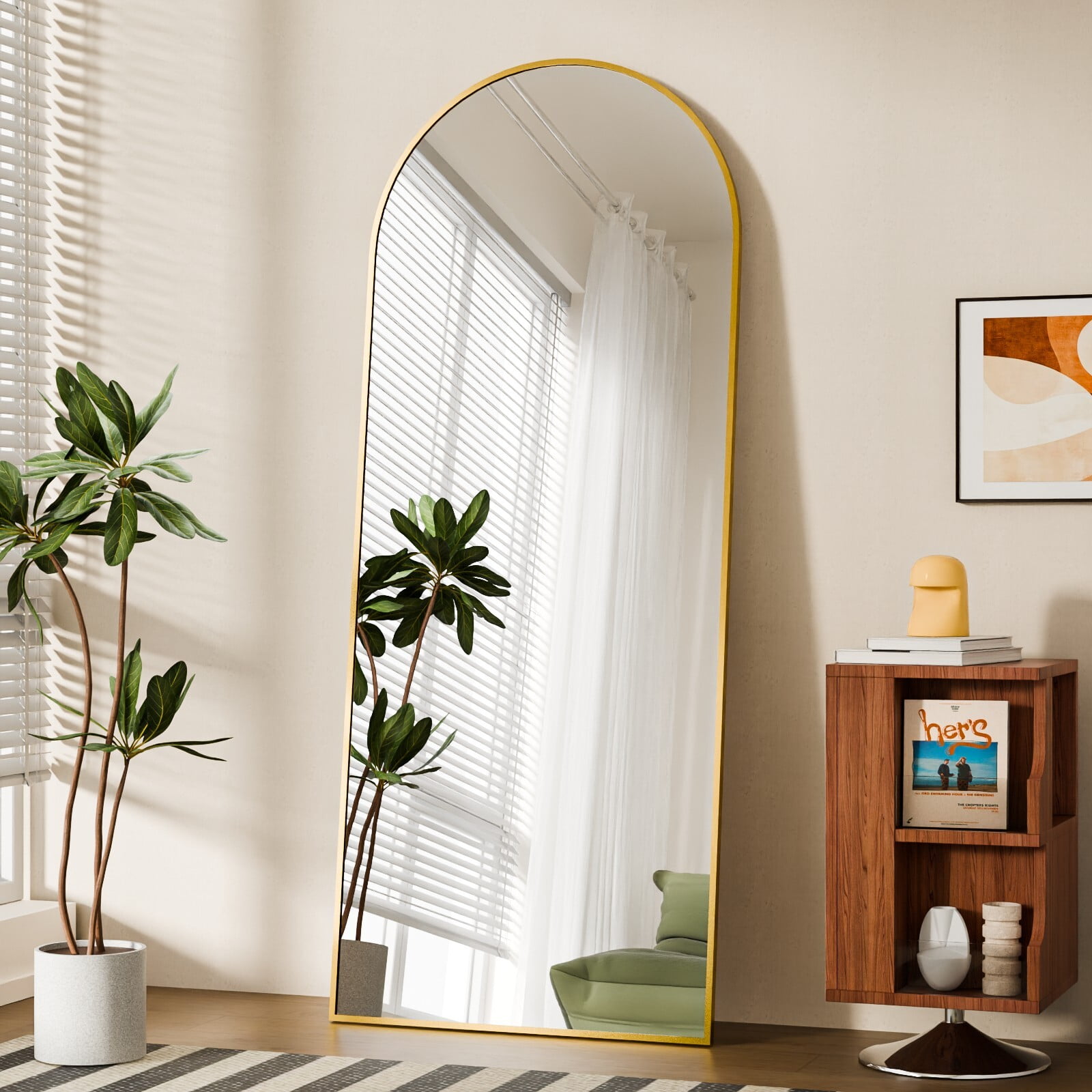 Easy4Home 68"x 24" Arch-Top Floor Mirror Metal Frame Free-Standing & Wall-Mounted, Gold