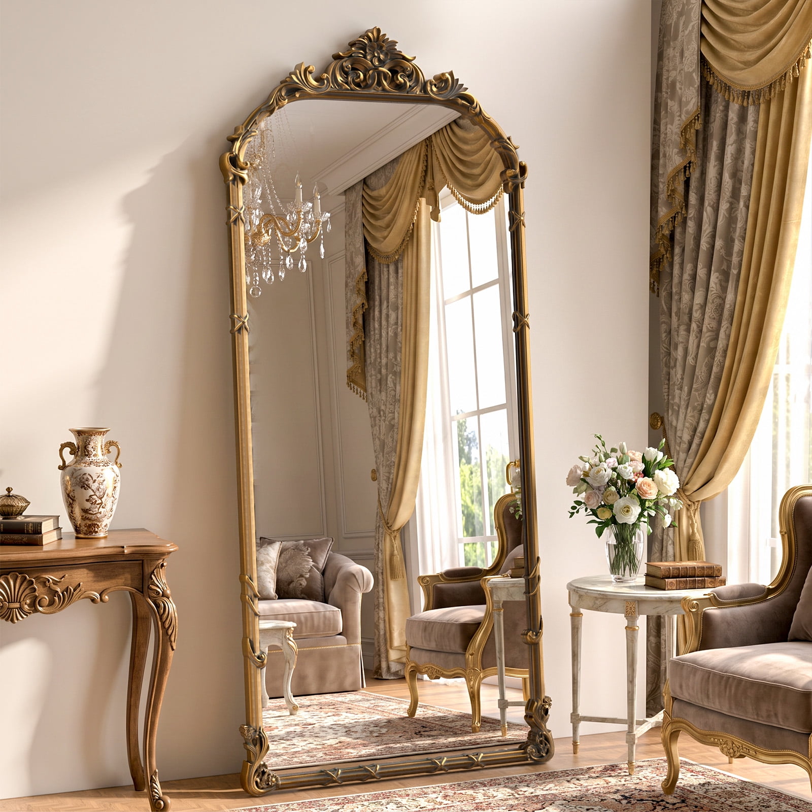 Easy4Home 69"x28" Arched Full-Length Floor Mirror Baroque Scroll Carved Standing Mirror, Antique Gold