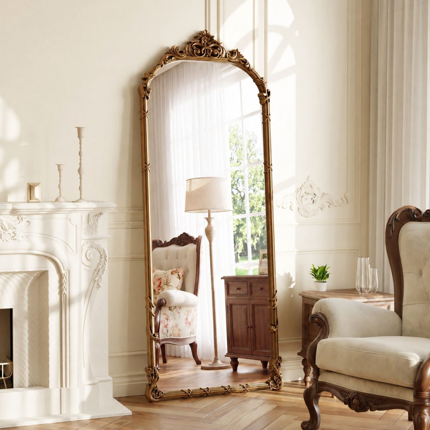 Easy4Home 69"x28" Arched Full-Length Floor Mirror Baroque Scroll Carved Standing Mirror, Antique Gold