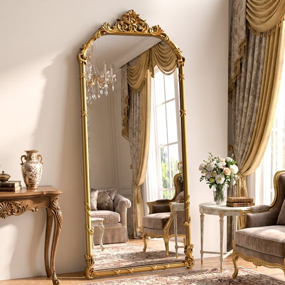 Easy4Home 69"x28" Arched Full-Length Floor Mirror Baroque Scroll Carved Standing Mirror, Bright Gold