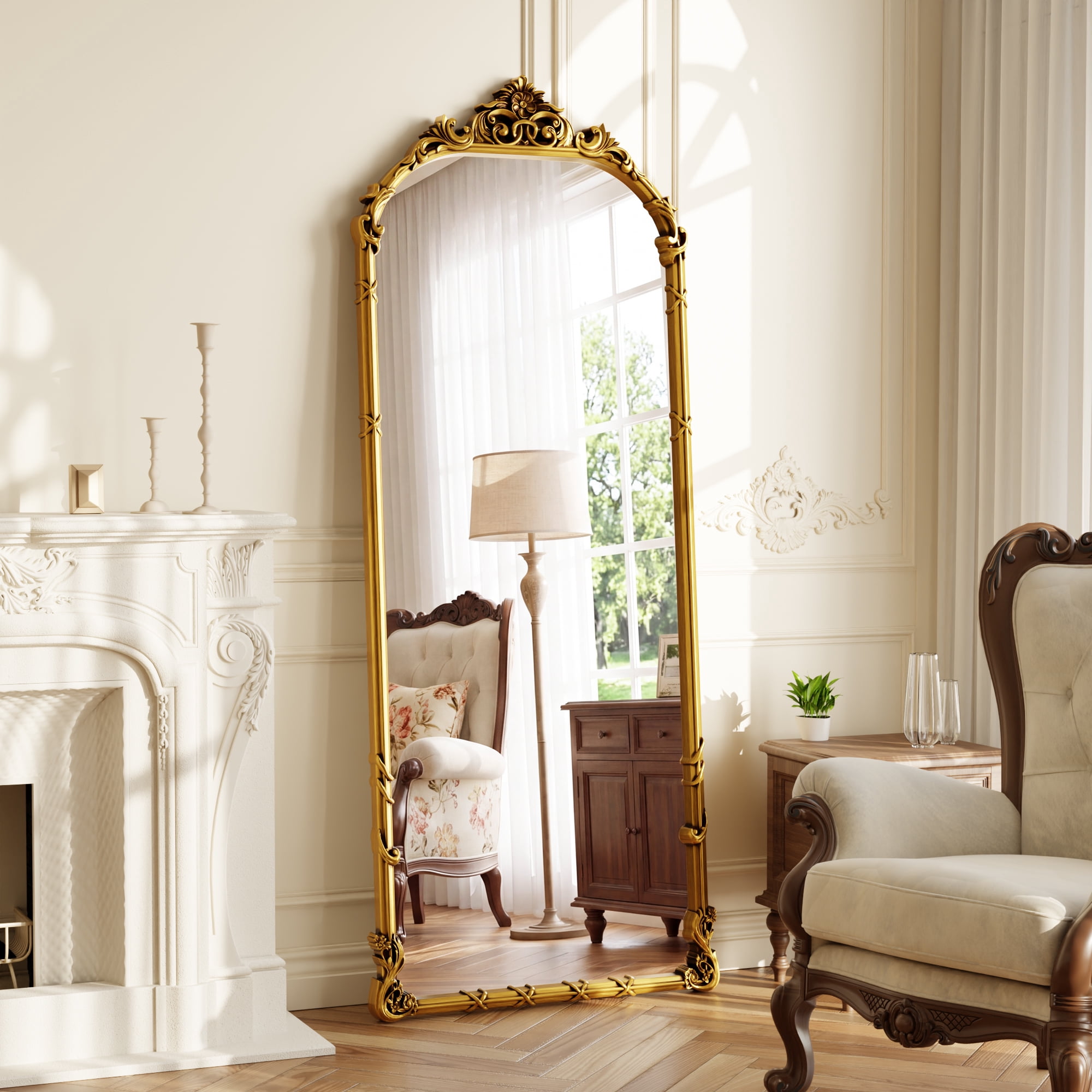 Easy4Home 69"x28" Arched Full-Length Floor Mirror Baroque Scroll Carved Standing Mirror, Bright Gold
