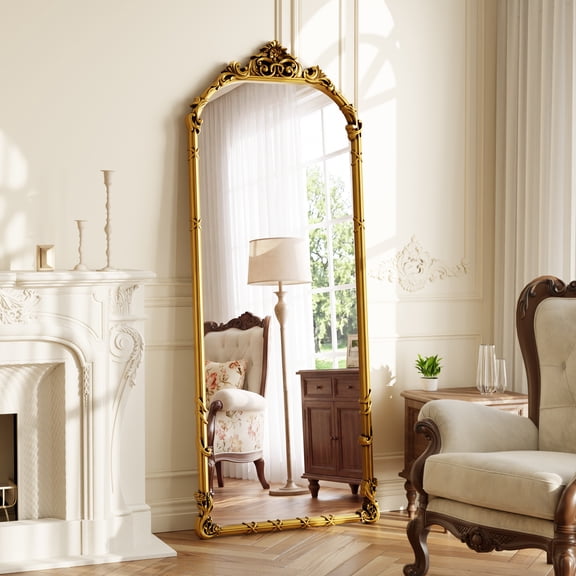 Easy4Home 69"x28" Arched Full-Length Floor Mirror Baroque Scroll Carved Standing Mirror, Bright Gold