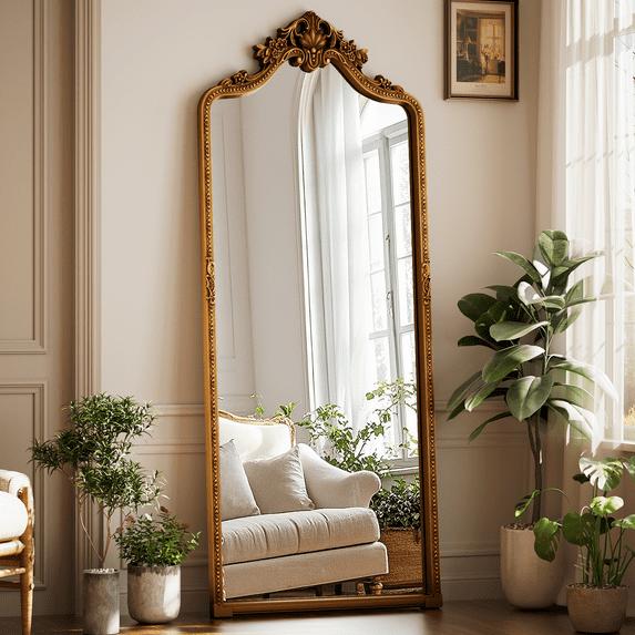 Easy4Home 69"x28" Arched Full-Length Floor Mirror, Luxurious Vintage Design with Ornate Carving, Antique Gold