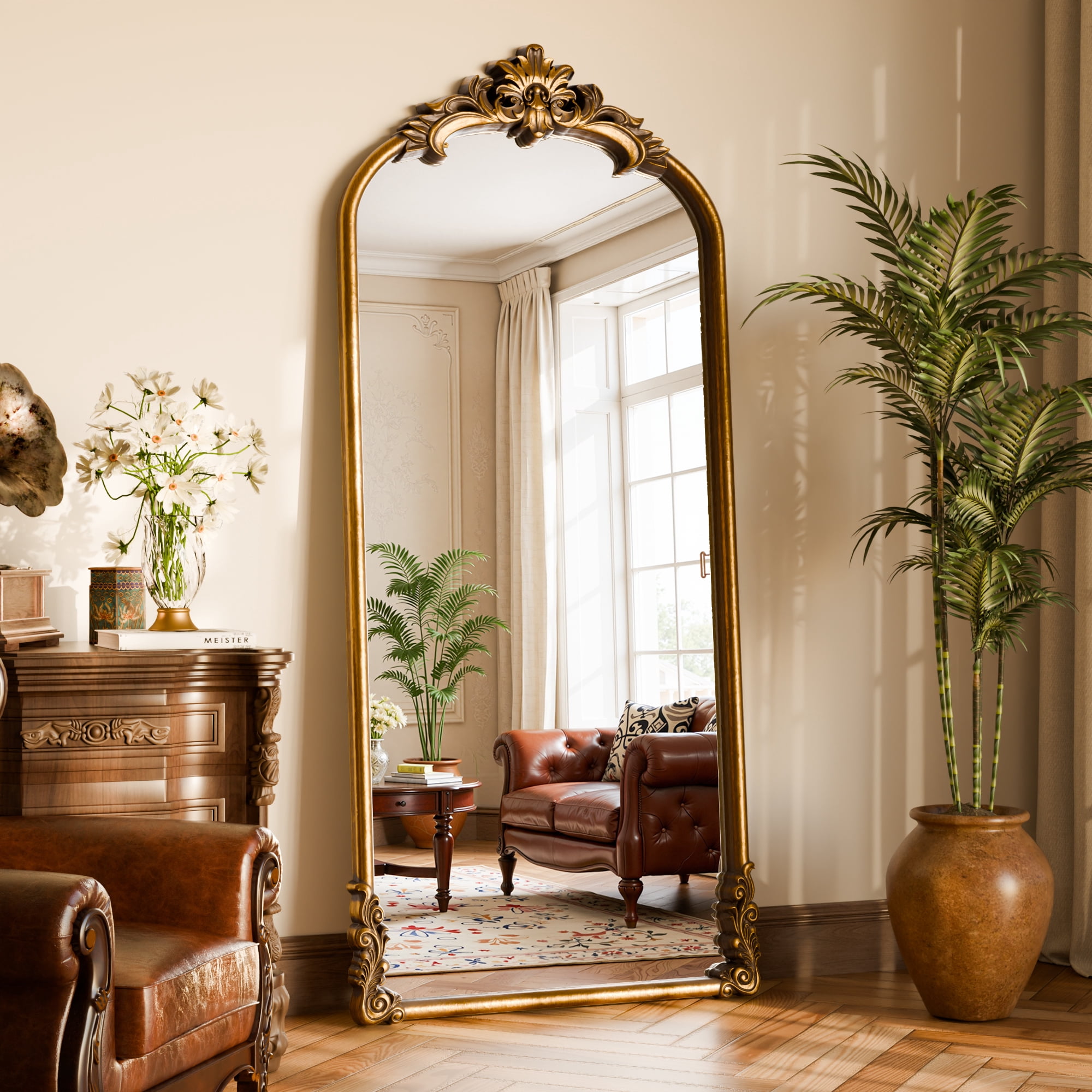Easy4Home 69"x28" Arched Full-Length Floor Mirror Smooth Arch Top Floral Crest Standing Mirror, Antique Gold