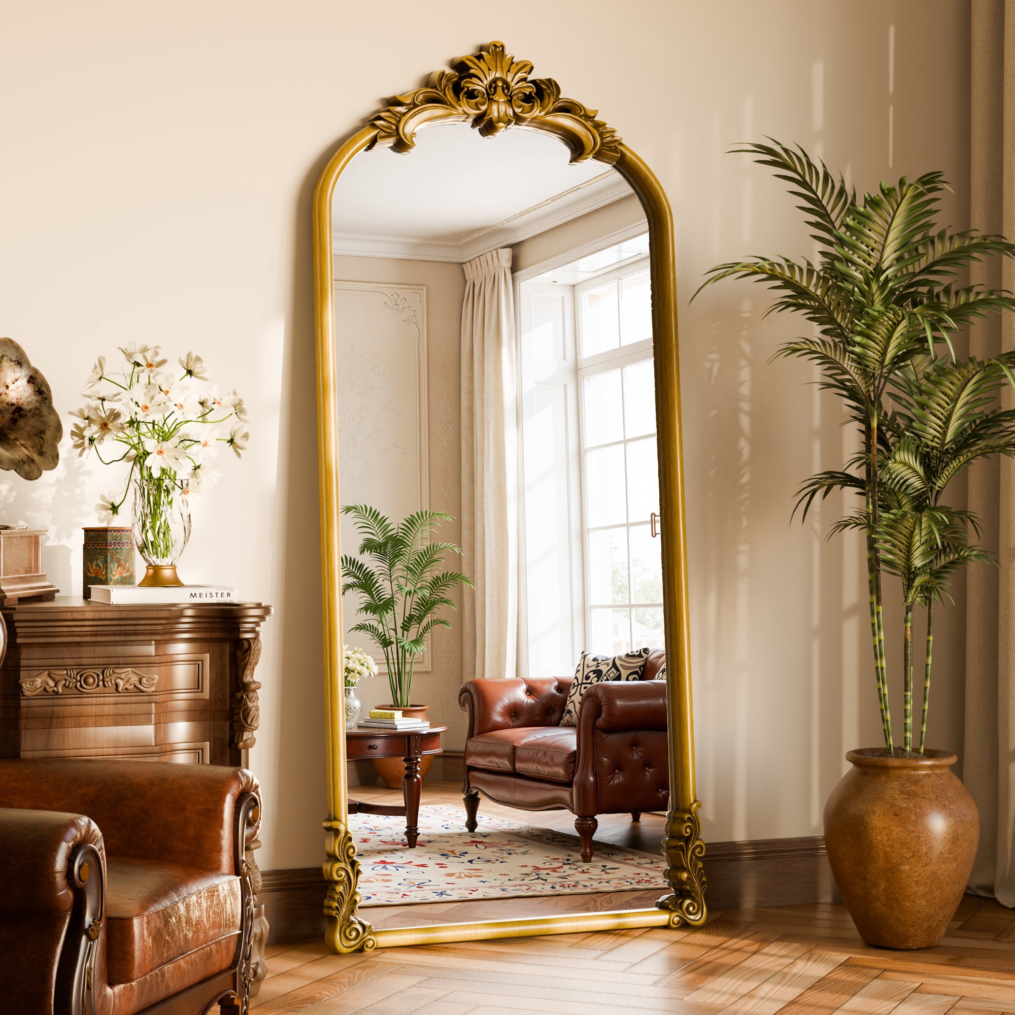 Easy4Home 69"x28" Arched Full-Length Floor Mirror Smooth Arch Top Floral Crest Standing Mirror, Bright Gold