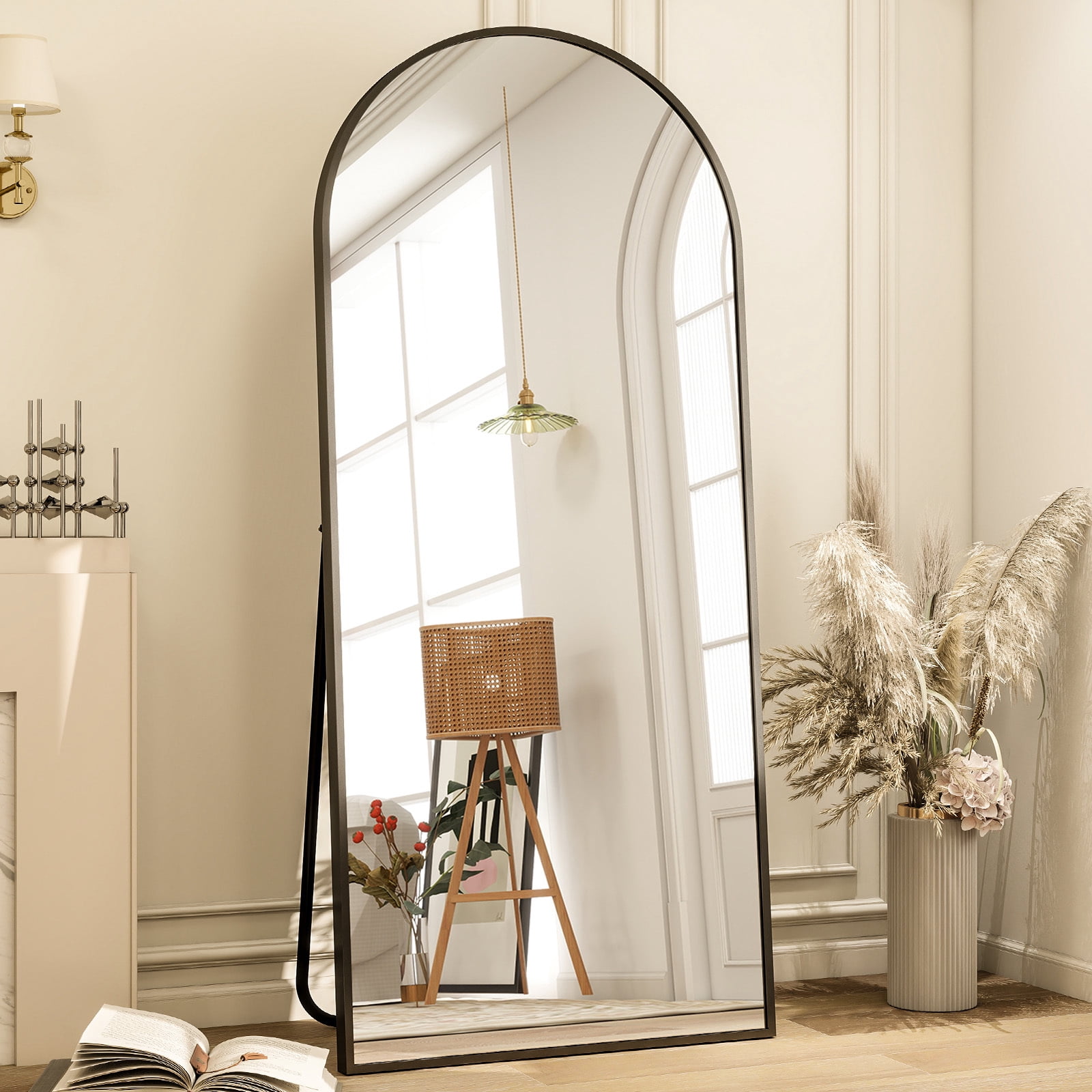 Easy4Home 71"x 30" Arch-Top Floor Mirror Metal Frame Free-Standing & Wall-Mounted, Black