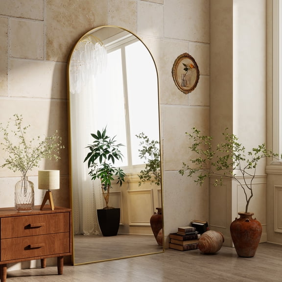 Easy4Home 71"x 30" Arch-Top Oversized Full Length Mirror Metal Frame Freestading Floor Mirror, Gold