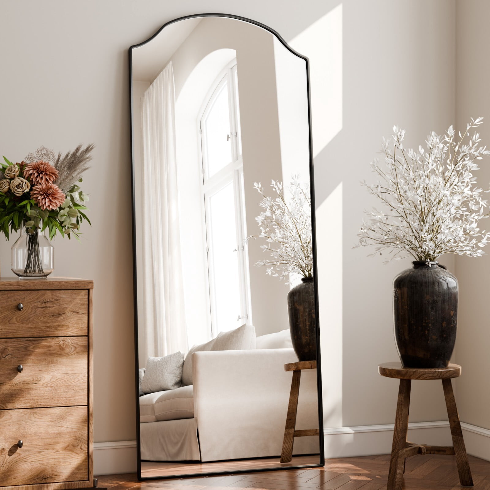 Easy4Home 71"x30" Oversize Arched Full Length Mirror Freestanding Floor Mirror with Stand, Black