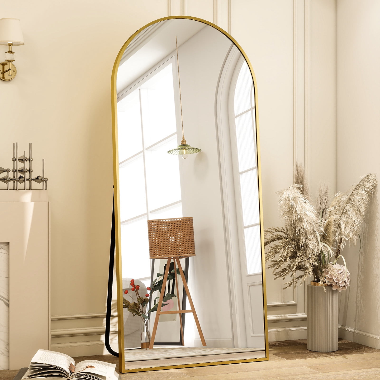 Easy4Home 71"x30" Oversized Arched Full Length Mirror with Aluminum Alloy Frame Freestanding Floor Dressing Mirror, Gold