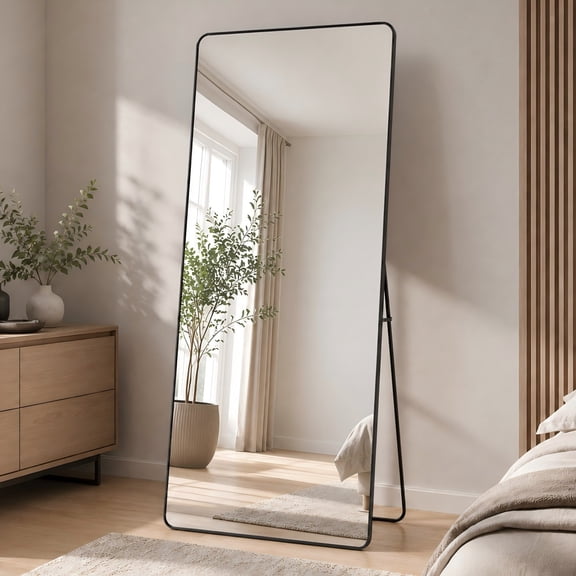 Easy4Home 71"x30" Rectangular Full Length Mirror Round Corner Freestanding Wall Mirror with Metal Frame, Black