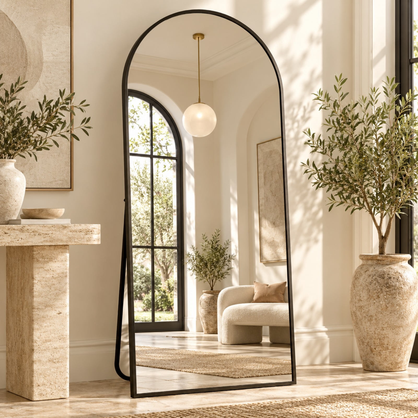 Easy4Home 71"x31" Oversized Full Length Mirror Arched Freestanding Floor Mirror with Metal Frame, Black