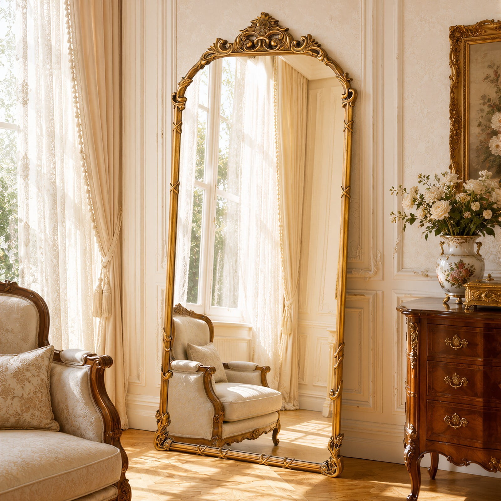 Easy4Home 71"x32" Arched Full-Length Floor Mirror Baroque Scroll Carved Standing Mirror, Antique Gold