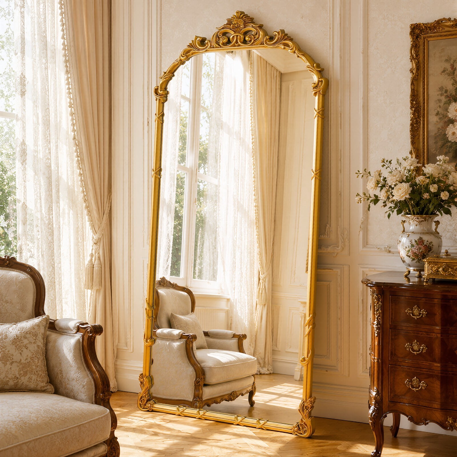 Easy4Home 71"x32" Arched Full-Length Floor Mirror Baroque Scroll Carved Standing Mirror, Bright Gold