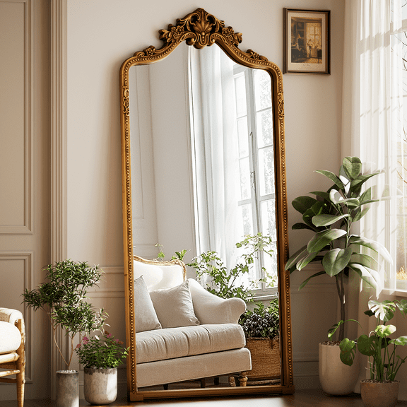 Easy4Home 71"x32" Arched Full-Length Floor Mirror, Luxurious Vintage Design with Ornate Carving, Antique Gold