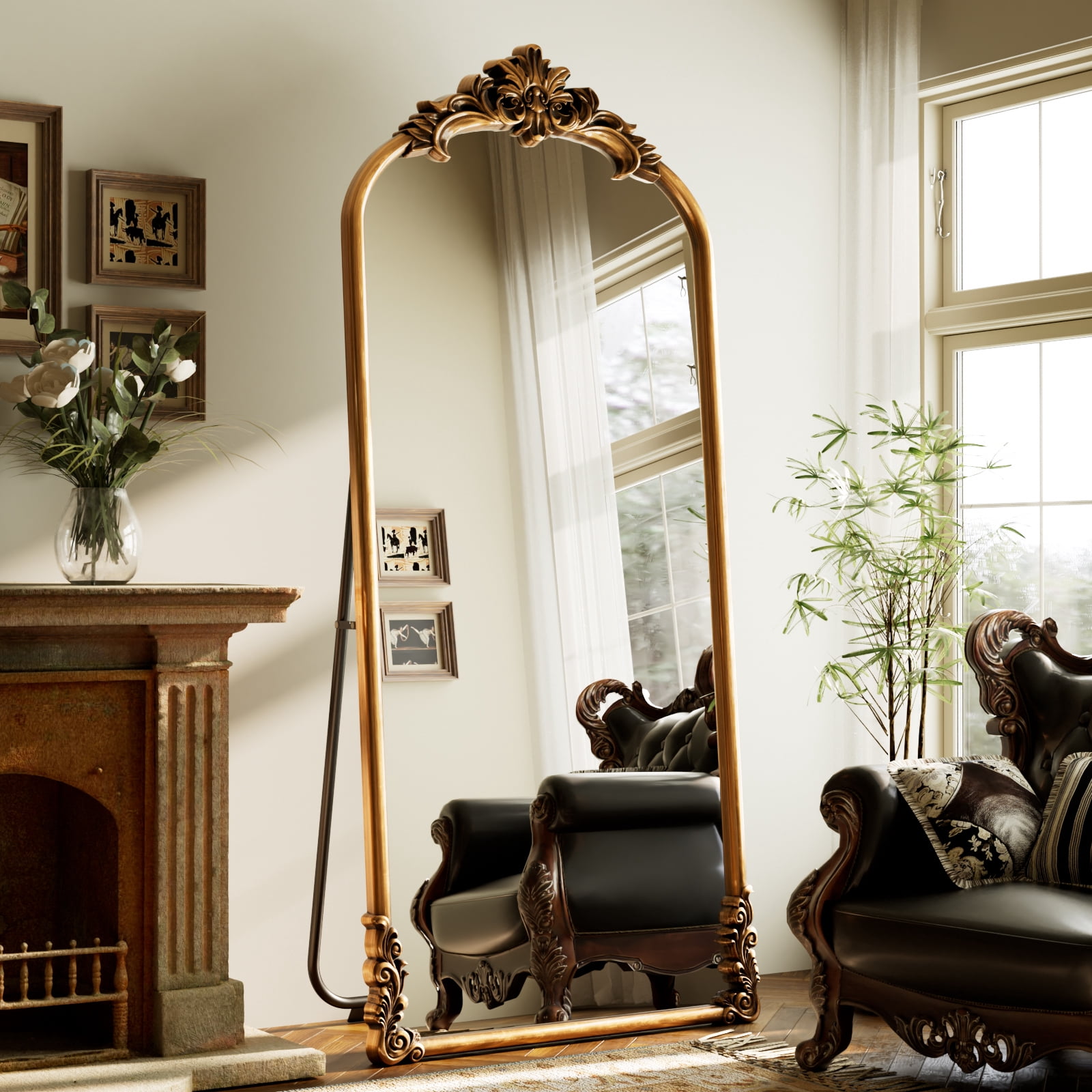 Easy4Home 71"x32" Arched Full-Length Floor Mirror Smooth Arch Top Floral Crest Standing Mirror, Antique Gold