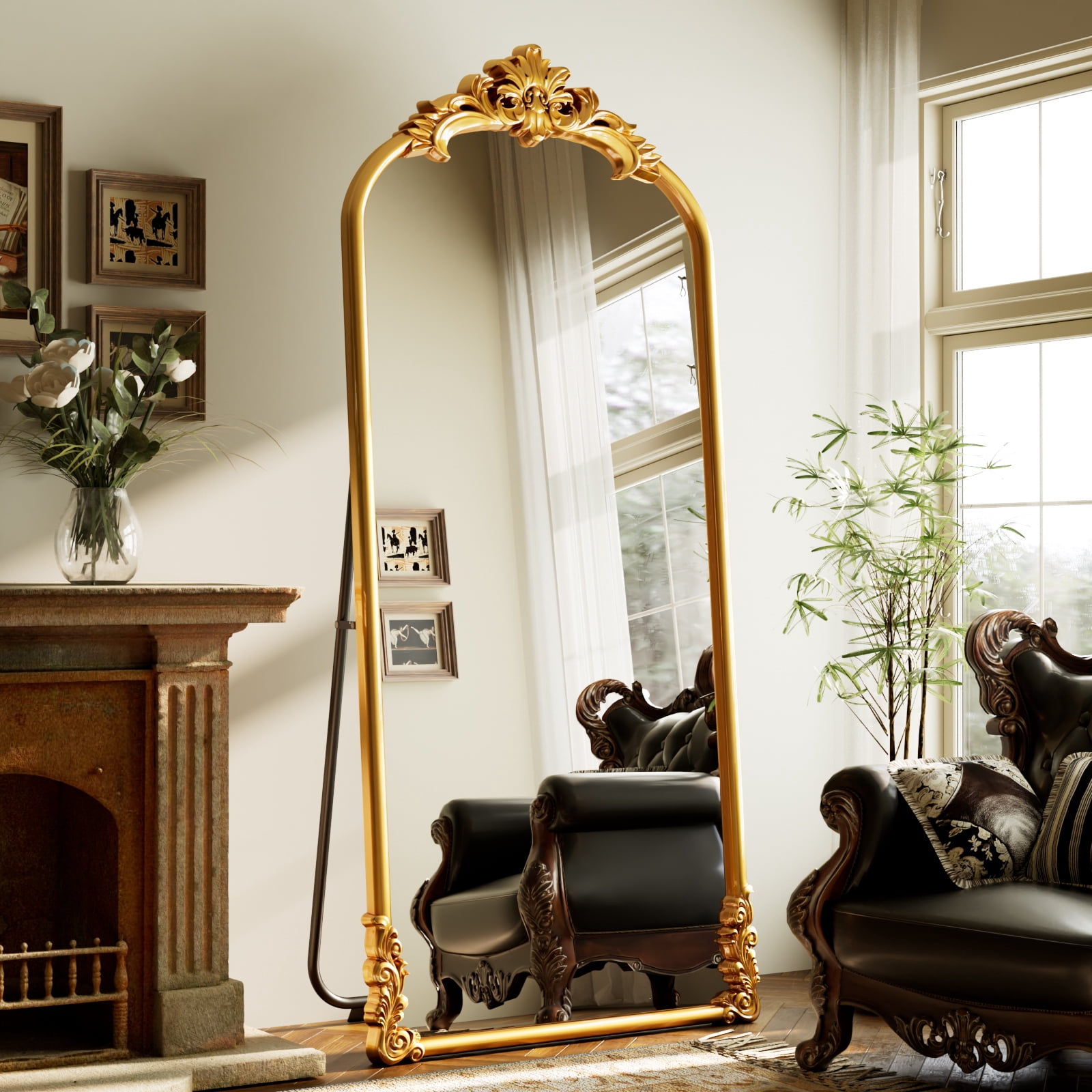 Easy4Home 71"x32" Arched Full-Length Floor Mirror Smooth Arch Top Floral Crest Standing Mirror, Bright Gold