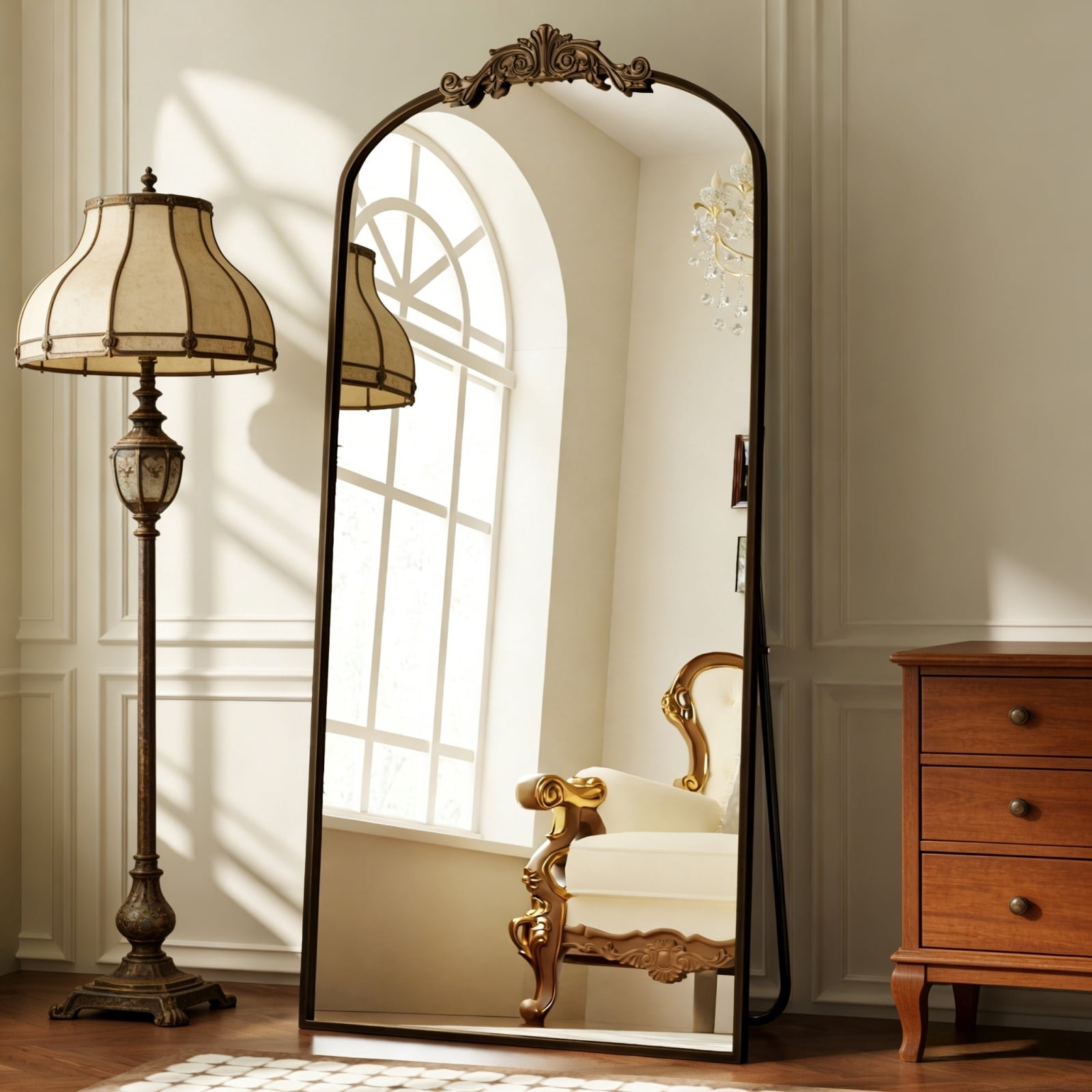 Easy4Home 73"x32" Vintage Arched Full Length Mirror Standing Floor Mirror with Baroque Style Carving Metal Frame, Antique Bronze