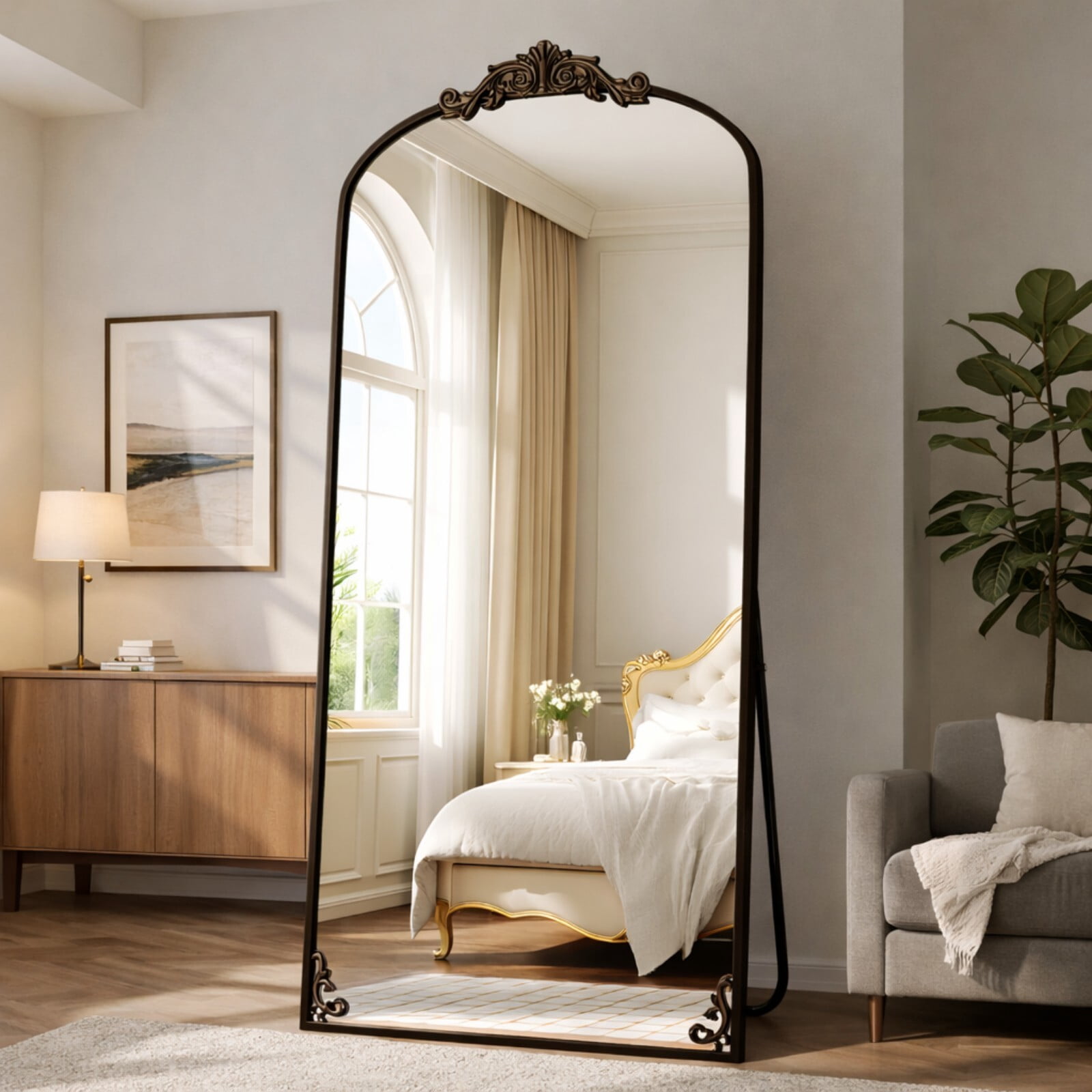 Easy4Home 73"x32" Vintage Arched Full Length Mirror Standing Floor Mirror with Baroque Style Carving Metal Frame, Antique Bronze