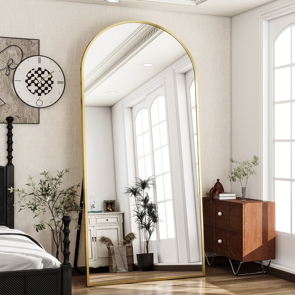 Easy4Home 76"x 34" Arch-Top Oversized Full Length Mirror Metal Frame Freestading Floor Mirror, Gold