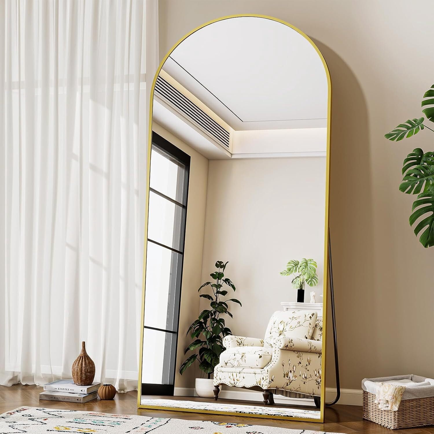 Easy4Home 76"x34" Oversized Arched Full Length Mirror Freestanding Full Body Floor Mirror, Gold